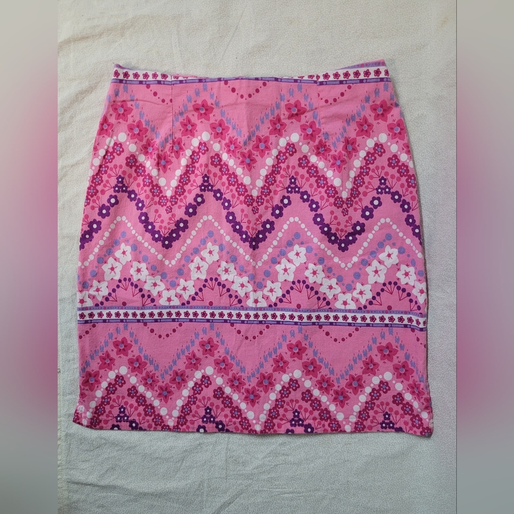 Vintage Y2k Floral Pink Purple Women's Stretch Fitted Skirt, Size 9